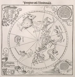 Karte des südlichen Sternenhimmels mit Darstellungen der Sternbilder, verziert mit dem Wappen des Kardinals Lang von Wellenburg und einer ihm gewidmeten Widmung mit seinen Wappen und dem kaiserlichen Druckprivileg, 15